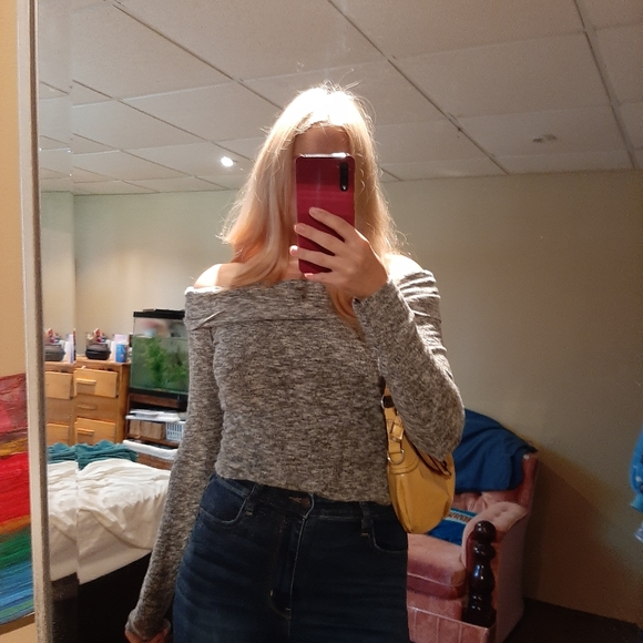 Grey Off the Shoulder Sweater - Picture 2 of 2